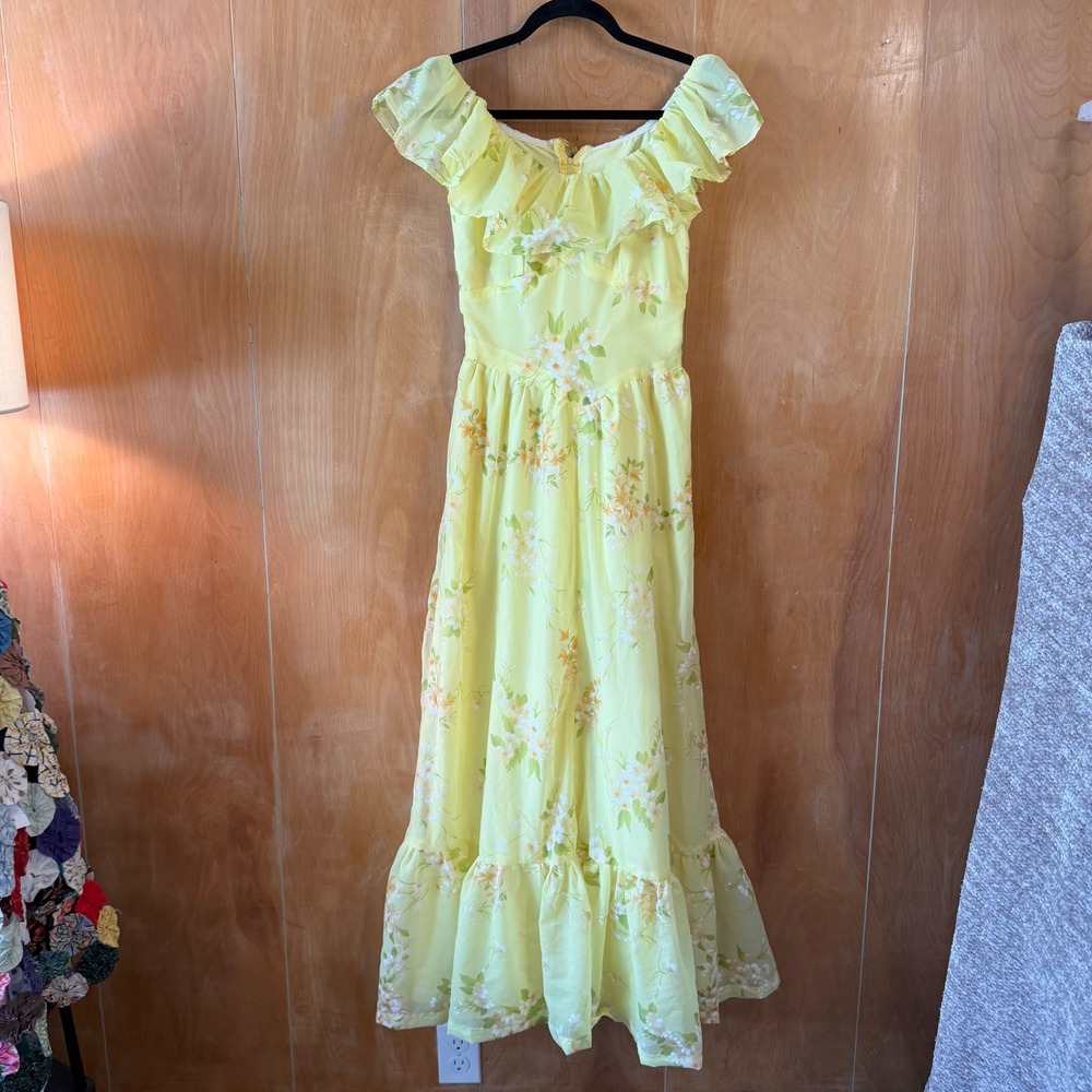 Vintage 70s Yellow Floral Chiffon Maxi Dress Ruffle Off Shoulder Cottagecore